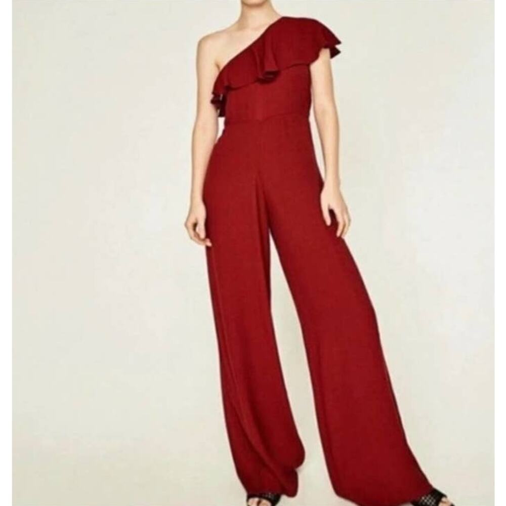 Zara Woman Burgundy Red Jumpsuit Small One Shoulder‎ Ruffle